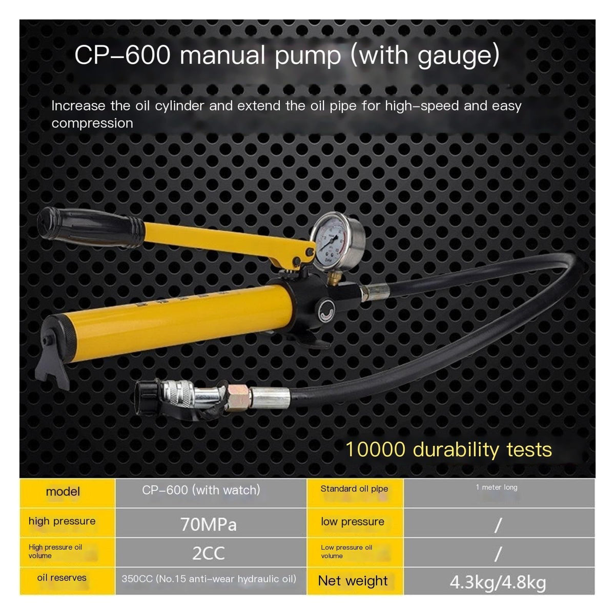 Low Pressure Single Speed Manual Hydraulic Pump, 60-70MPa 400cc Oil for Small Lifting Tasks(CP-600 with Pressure Gauge)