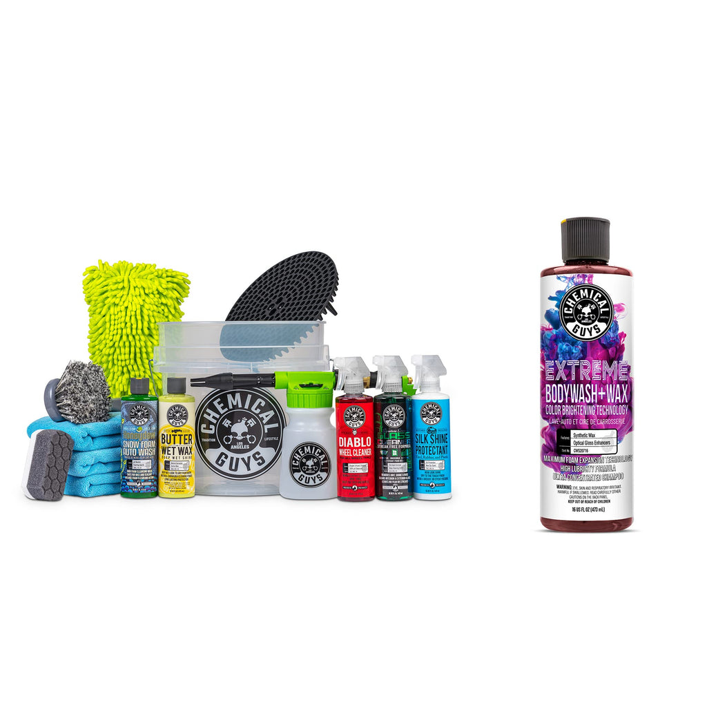 Chemical Guys CWS20716FC 16-Piece Arsenal Builder Carwash Kit, Foam Cannon, Bucket (6) 16 oz Car Care Cleaners (Works w/Pressure Washers) with Extreme Bodywash & Wax Foaming Car Wash Soap, 16 oz