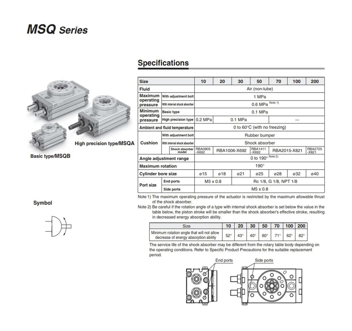 MSQB1A MSQB2A MSQB3A MSQB7A Pneumatic Cylinder Rotary Table Rack Pinion Type(MSQA7A)