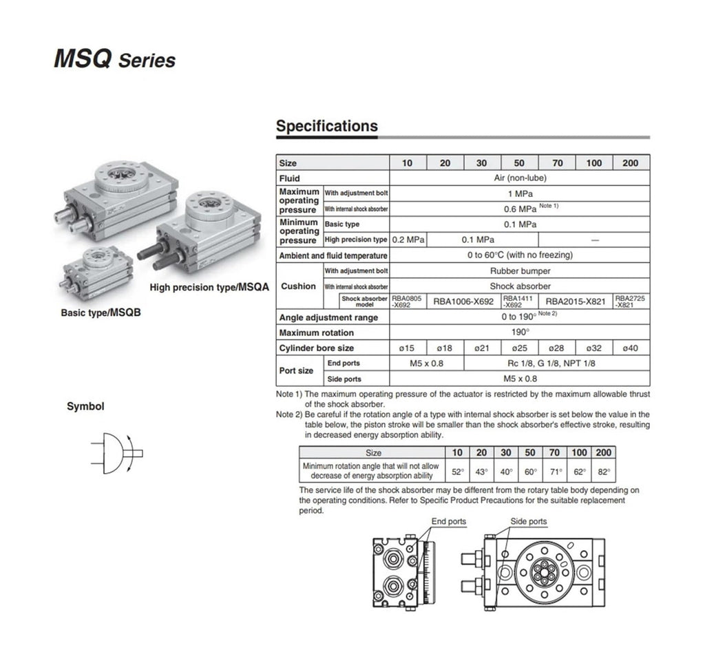 MSQB1A MSQB2A MSQB3A MSQB7A Pneumatic Cylinder Rotary Table Rack Pinion Type(MSQA3A)
