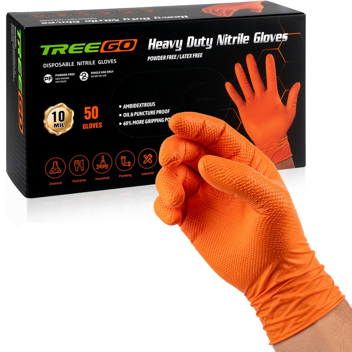 TREEGO 10 Mil Orange Nitrile Mechanic Gloves, Diamond Grip, 1000 Count M