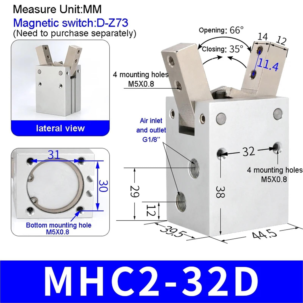 MHC2 Type Air Gripper Claw Pneumatic Cylinder Robot Gripper Double Action MHC2-10D MHC2-16D MHC2-20D MHC2-25D MHC2-32D(MHC2-32D)