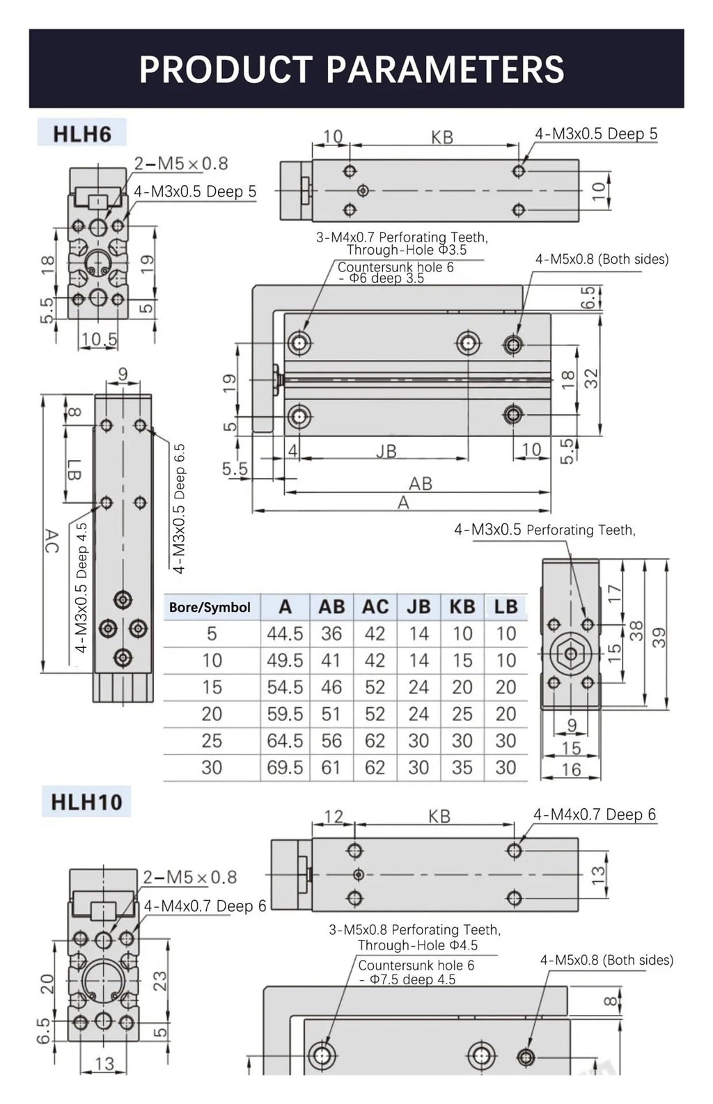 HLH6/10/16/20 Air Side Table Rail Type Pneumatic Cylinder Piston10S/15S/20S/30S/40S/50S(Stroke 15mm)