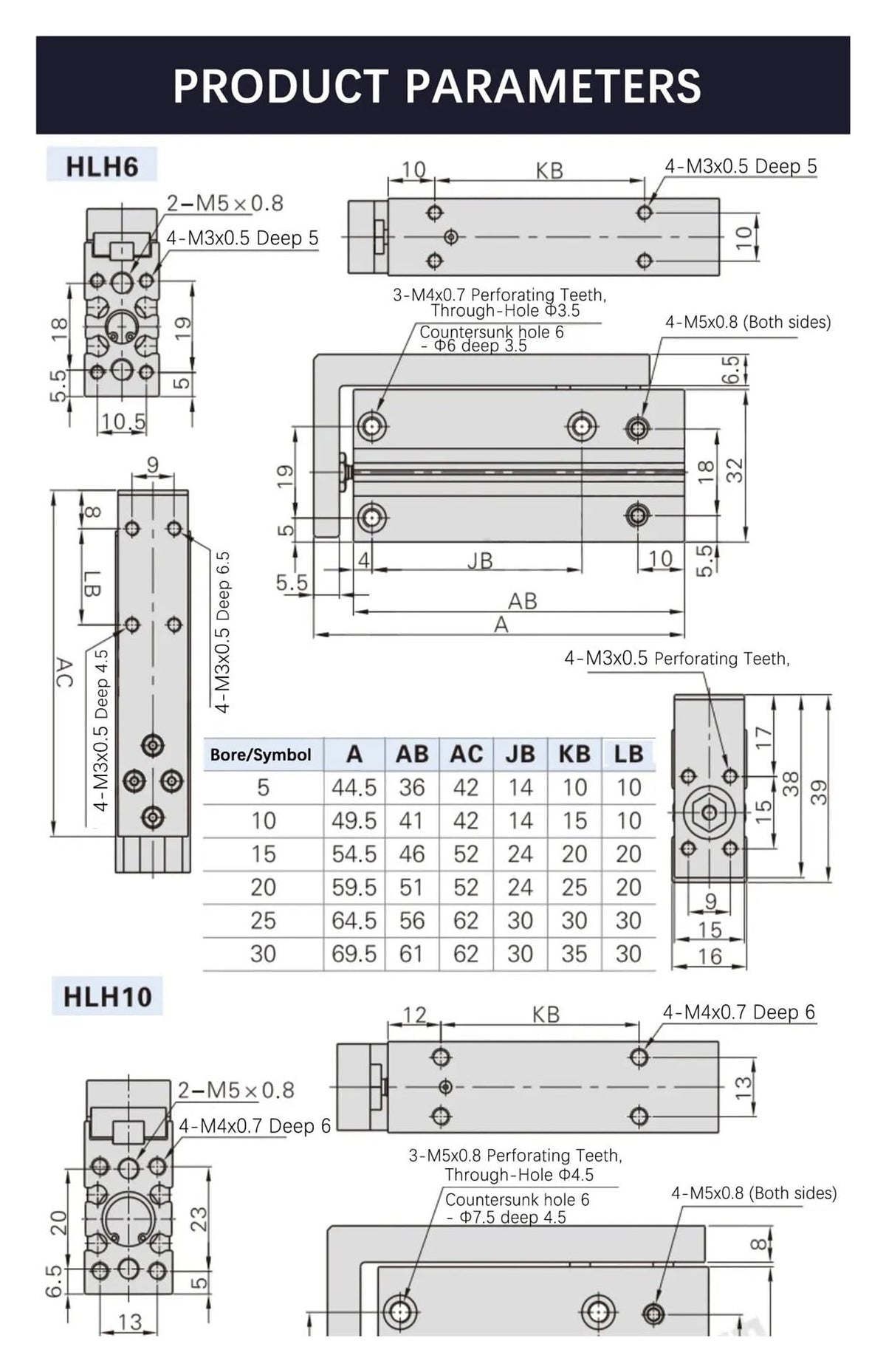 HLH6/10/16/20 Air Side Table Rail Type Pneumatic Cylinder Piston10S/15S/20S/30S/40S/50S(Stroke 15mm)