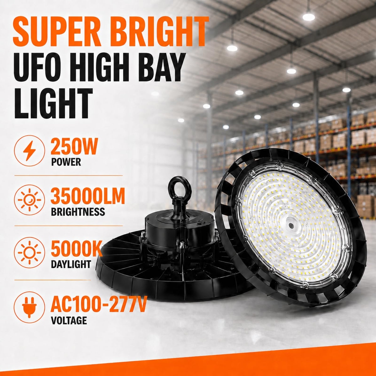 High Bay LED Shop Lights: 250W 5000K UFO Led Light 35000LM 6 Pack IP65 AC100-277V with US Plug 5' Cable - UFO Lights for Warehouse Shop Factory Garage