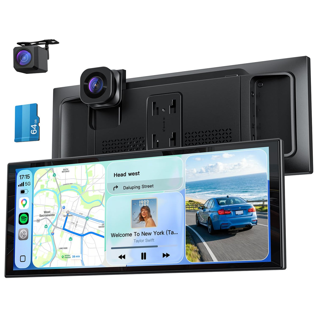 10.26" Wireless 60FPS CarPlay Screen with 4K Dash Cam & HD Backup Camera