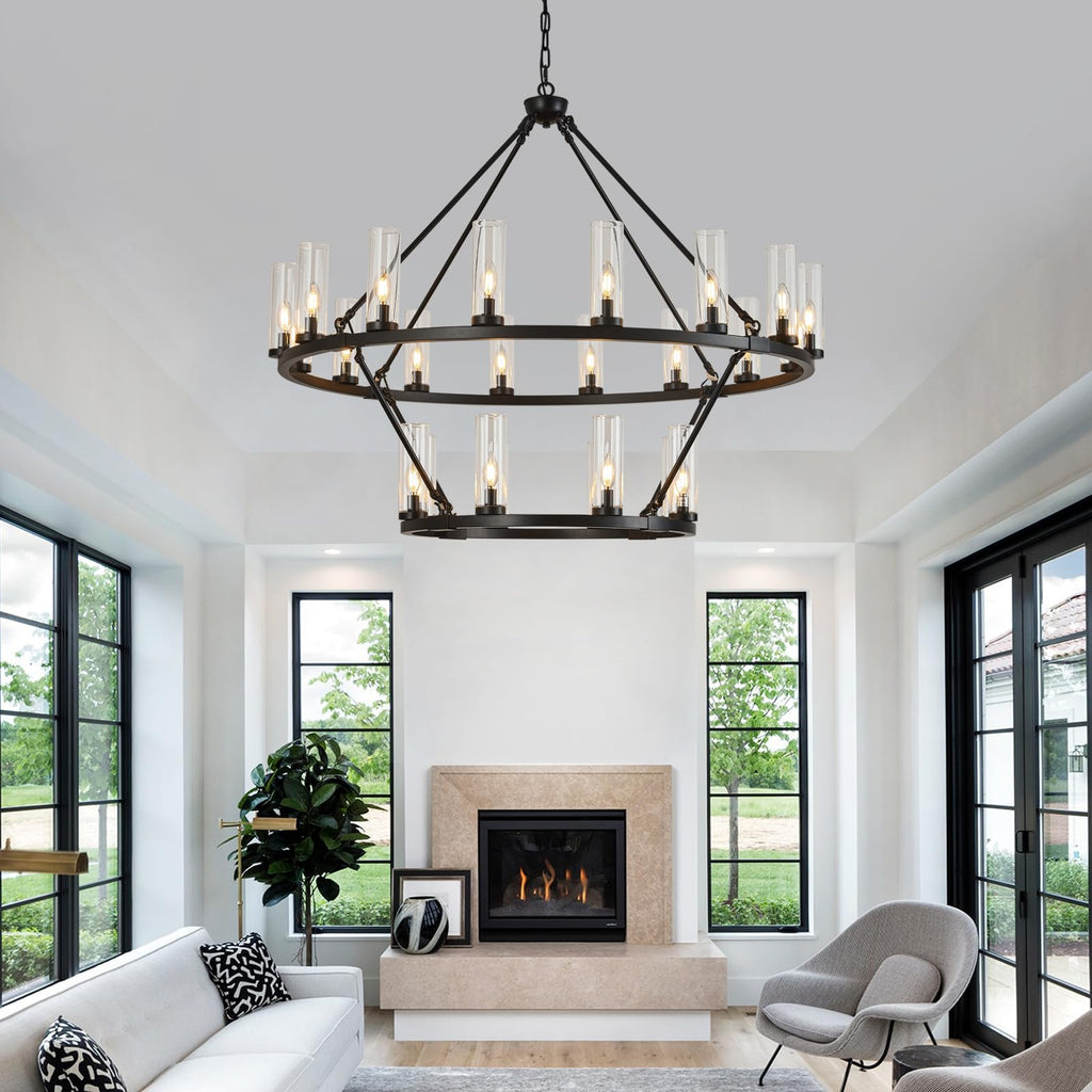 48 Inch Large Black Wagon Wheel Chandelier with Clear Glass Shade 2 Tier 24-Lights Round Pendant Light Farmhouse Industrial Chandeliers Dining Room Light Fixture for Stair Living Room Foyer