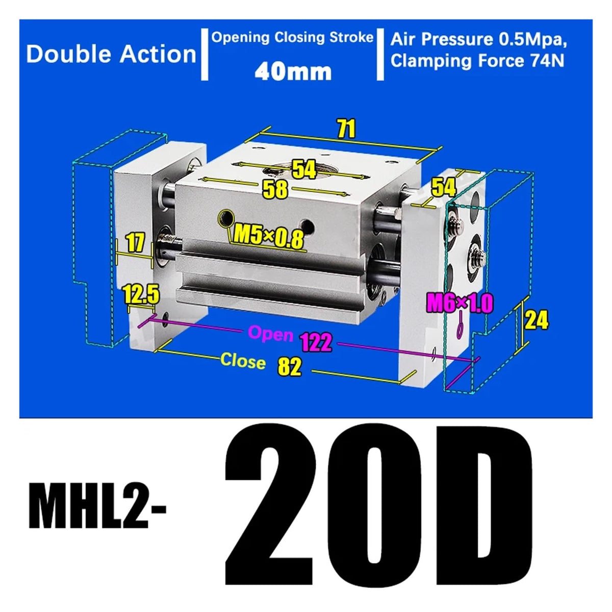 MHL2-20D MHL2-20D1 MHL2-20D2 Double Acting Pneumatic Gripper Wide Type Air Gripper Parallel Cylinder Aluminium Clamps(MHL2-20D)
