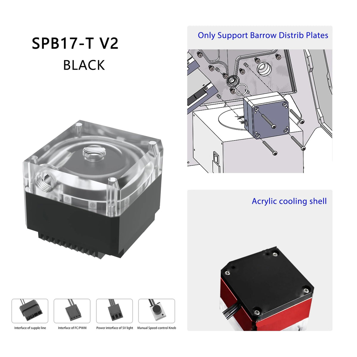 1pcs 17W DDC PWM Pump Through Hole Lift 5.5 Meters 960L/H 4000RPM Regulation Pump use for Distro Plate SPB17-T V2(SPB17-T V2 Black)
