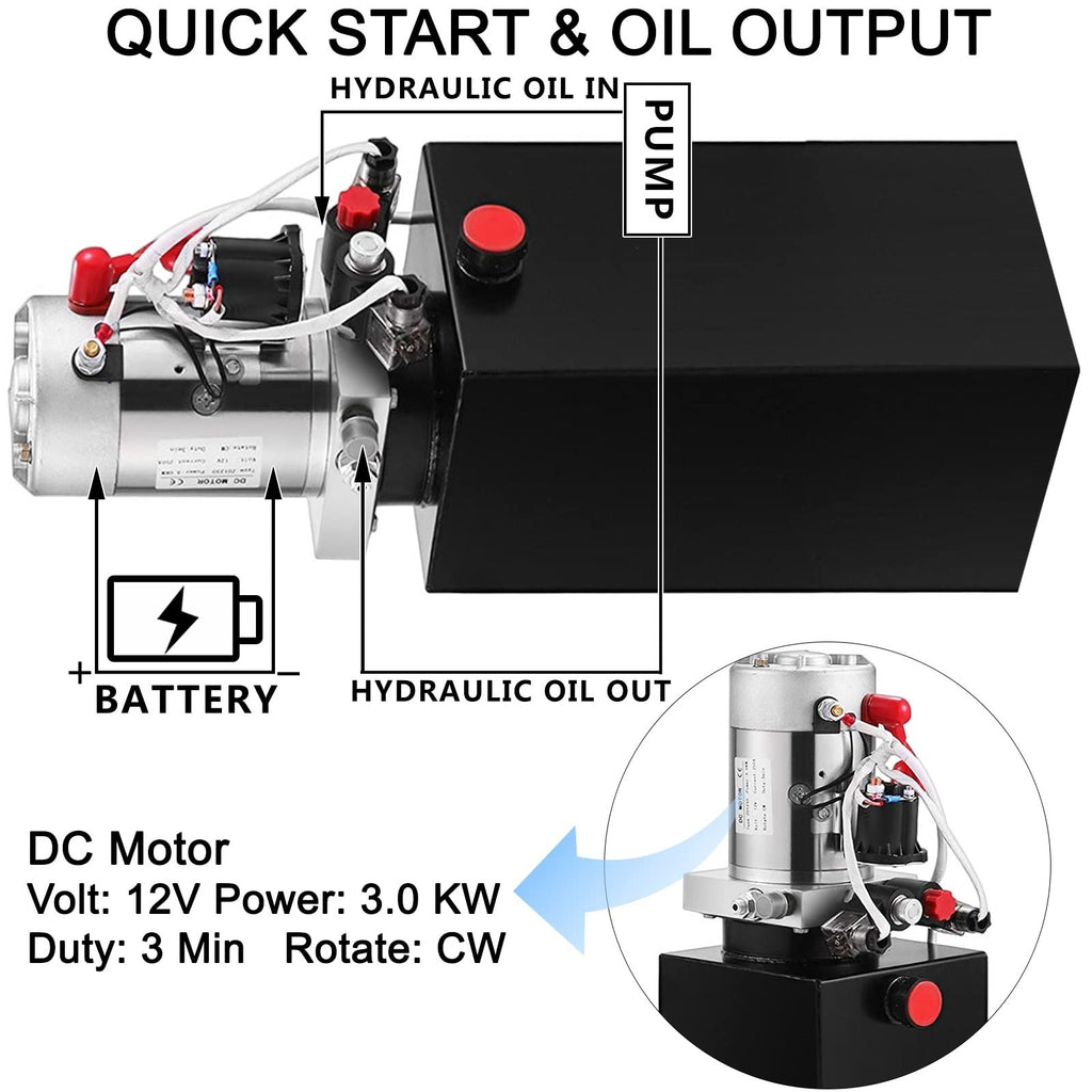 Car Jack Hydraulic Pump 12V DC Double Acting Power Unit 4-20 Quart Steel Oil Tank Dump Trailer Truck Car Lift Motor Pump(12 Quart 2 Acting)