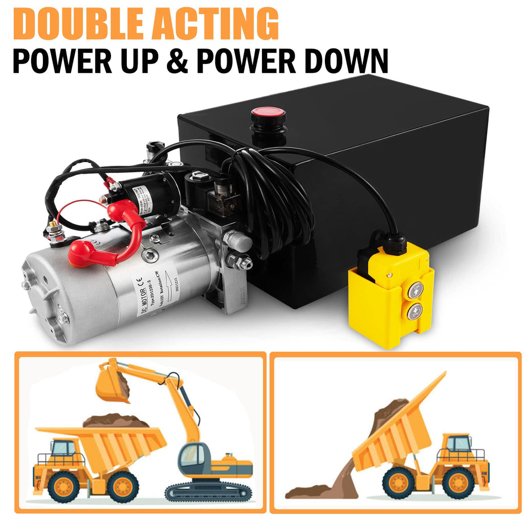 Hydraulic Pump 20 Quart Double Acting Dump Trailer Hydraulic Pump DC 12V, Hydraulic Power Unit Metal Reservoir Horizontal Mount for Dump Truck Car Lifting Remotely Controlled