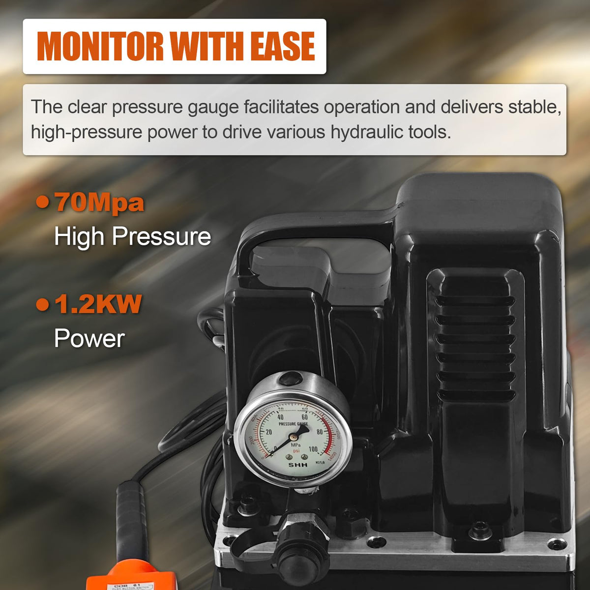 Electric Hydraulic Pump 10,000 PSI, 1.2KW, 0.8Gal/3L Capacity