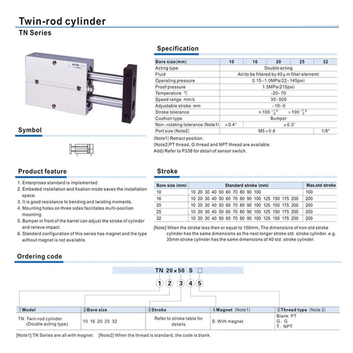 Two Rod Cylinder with Magnet Air Pneumatic Cylinder TN10X70S TN16X75S TN20X80S TN32X90S TN40X100S 50X125S(90mm Stroke)