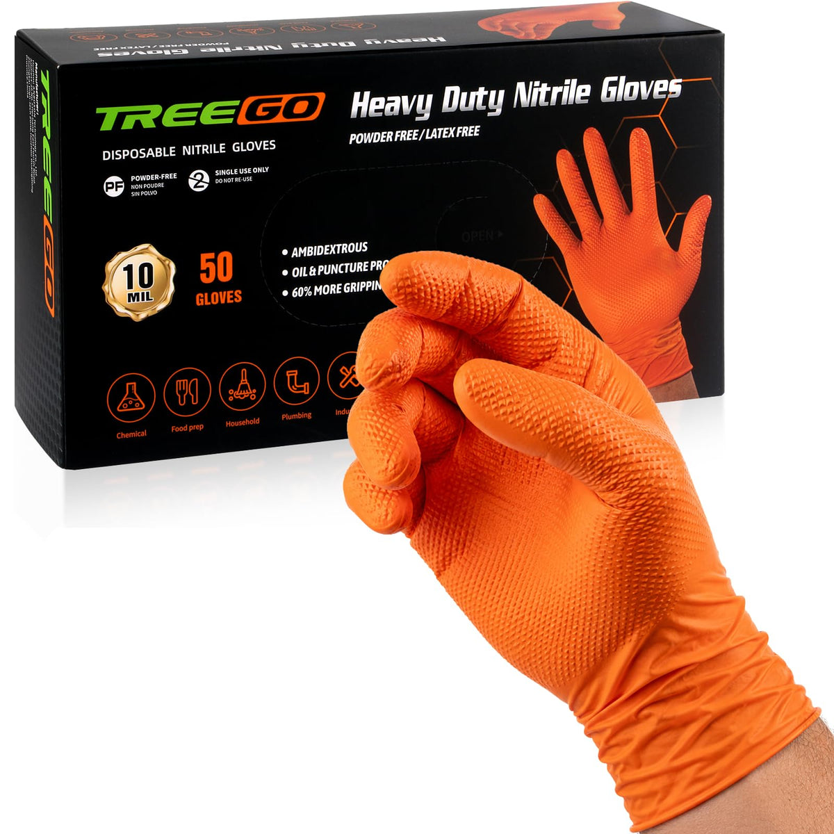TREEGO 10 Mil Orange Nitrile Mechanic Gloves, Diamond Grip, 1000 Count M