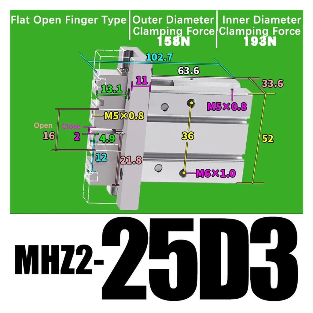 1pcs MHZ2 Pneumatic Finger Cylinder Parallel Gripper MHZ2-10/16/25/32/40D1/D2/D3 Side Thread Aluminium Clamps(MHZ2-25D3)