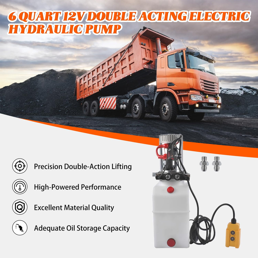 6 Quart 12V Double Acting Electric Hydraulic Pump, Power Unit with 6L Tank Repair Medium-Sized Lifting Platforms All Dump