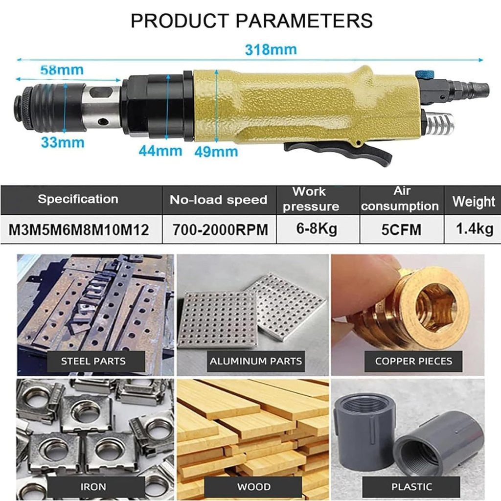 Handhold Pneumatic Tapping, Straight Type Self-Locking Tapping Machinewith 6 ChucksMachine, 700-2000RPM Speed Adjustable for Drilling/Tapping