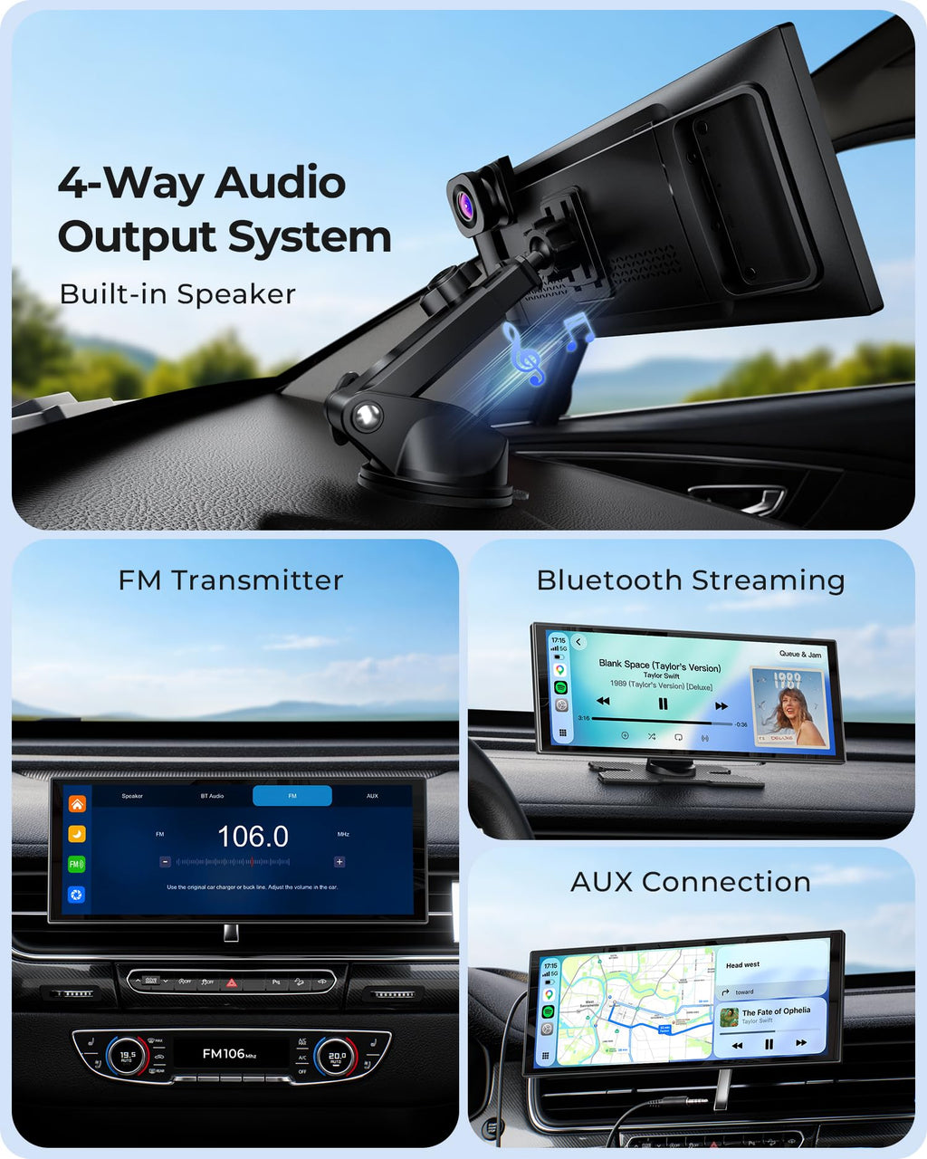 10.26" Wireless 60FPS CarPlay Screen with 4K Dash Cam & HD Backup Camera