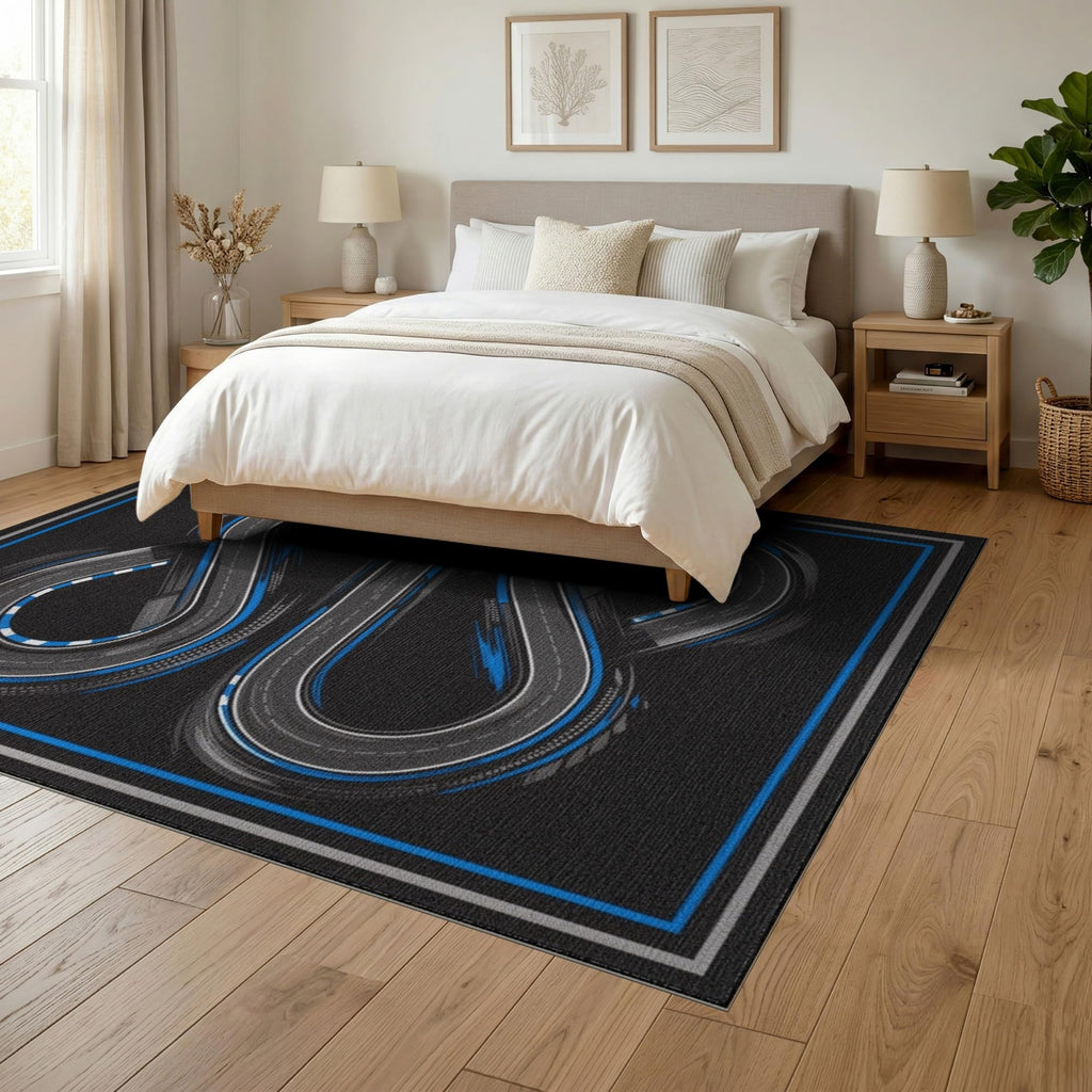6'x9' Blue Charcoal Race Track Design Washable Area Rug