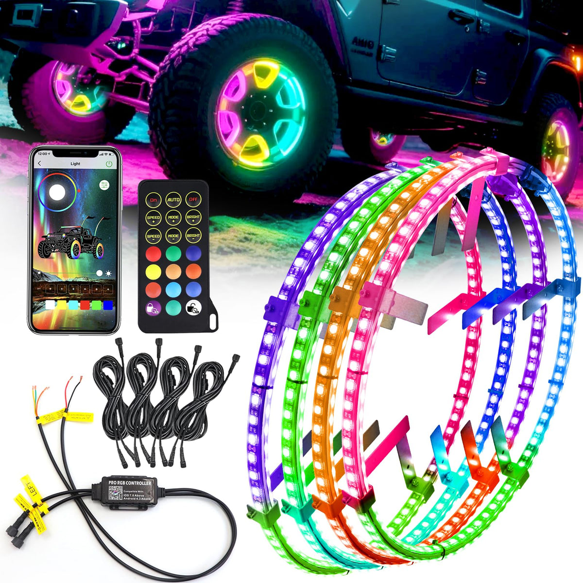 4PCS 17" Chasing Dual Sided LED Wheel Ring Lights for Trucks Car, Dual Ctrl