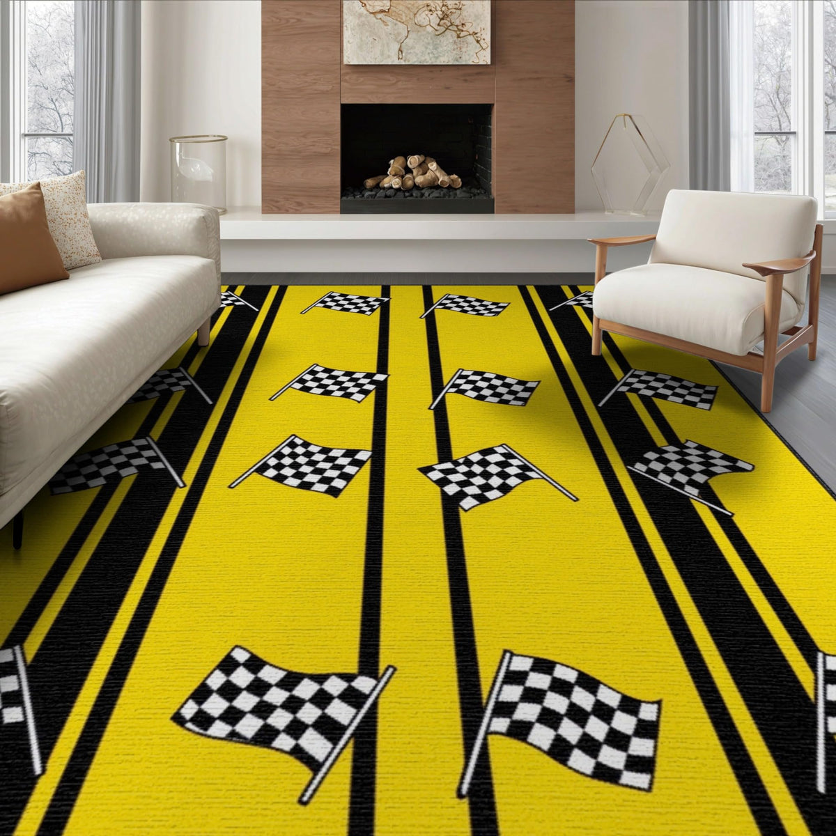6'x9' Blue Charcoal Race Track Design Washable Area Rug