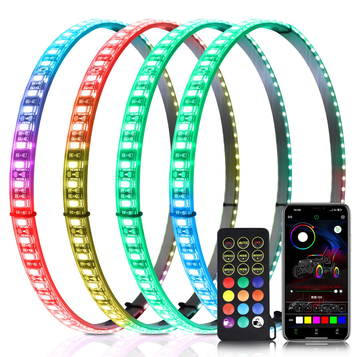 4PCS 17" Chasing Dual Sided LED Wheel Ring Lights for Trucks Car, Dual Ctrl