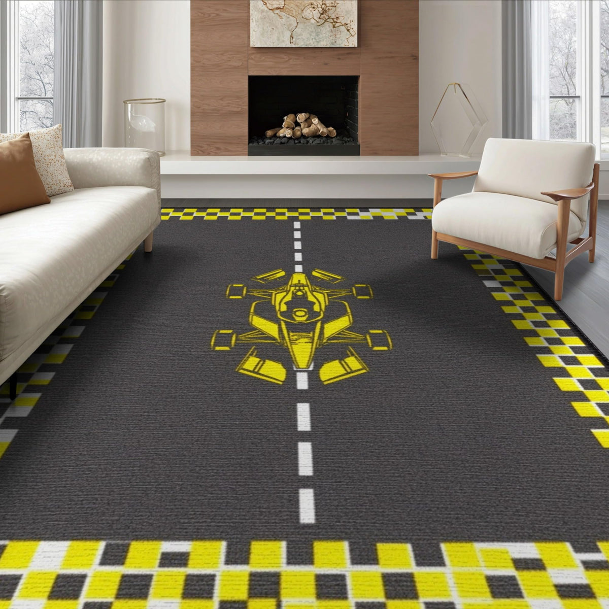 6'x9' Blue Charcoal Race Track Design Washable Area Rug
