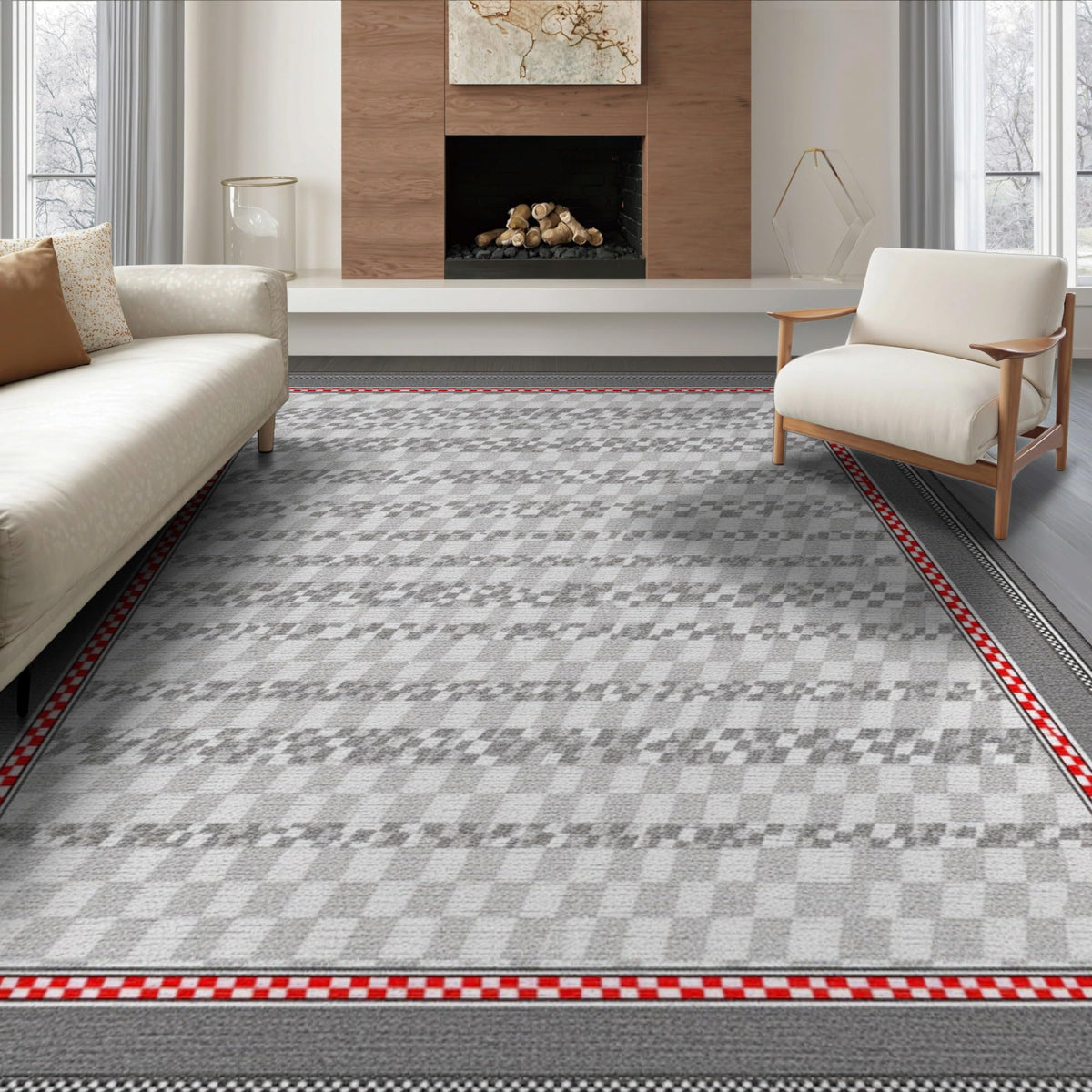 6'x9' Blue Charcoal Race Track Design Washable Area Rug