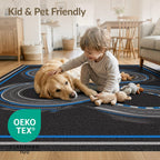 6'x9' Blue Charcoal Race Track Design Washable Area Rug