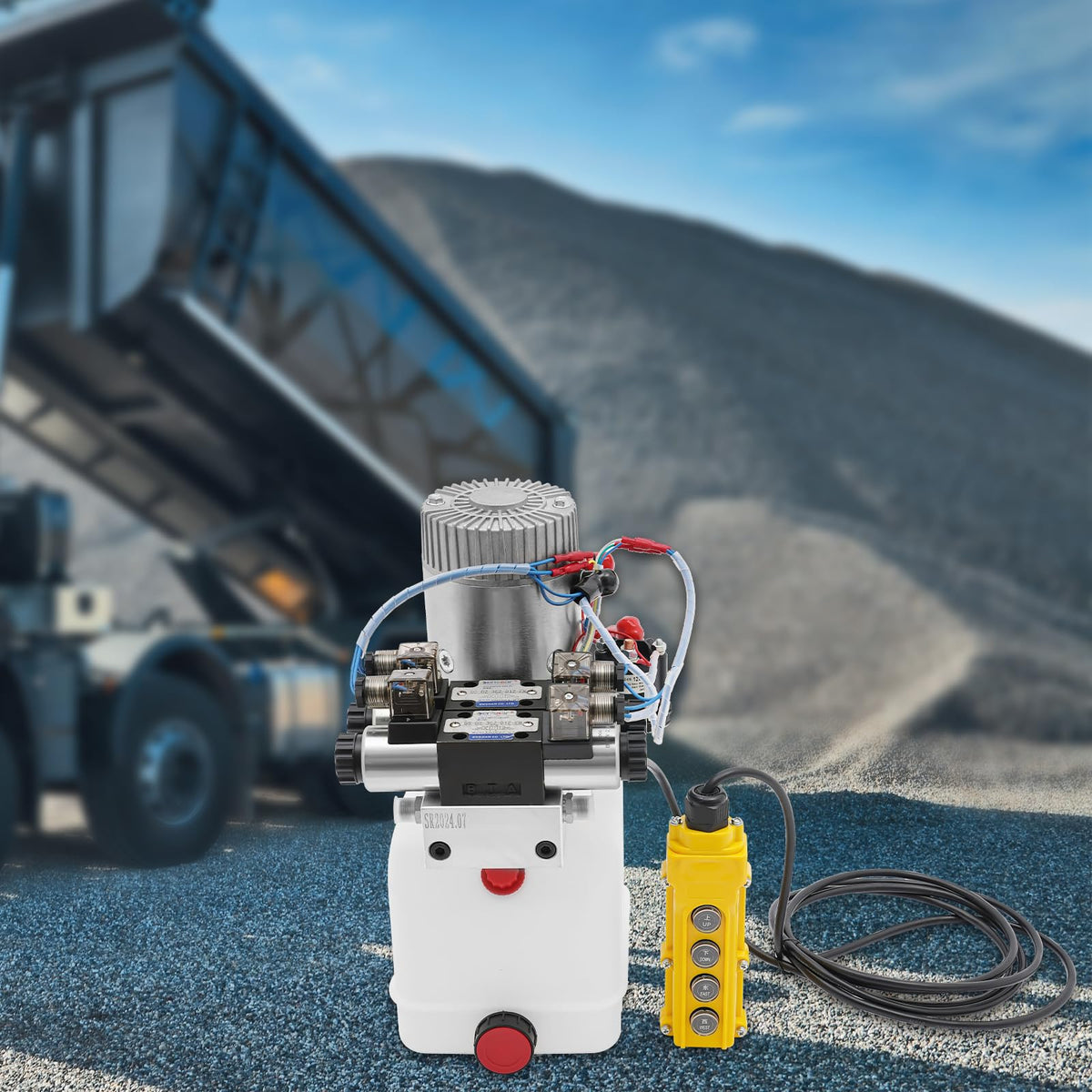 12V DC Hydraulic Pump Single Acting, 4.5 Quart Square Plastic Reservoir, Double Acting Capable, for Dump Trailer, Lift Gate, Small to Medium Hydraulic Power Unit