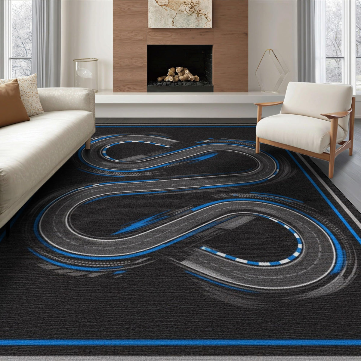 6'x9' Blue Charcoal Race Track Design Washable Area Rug