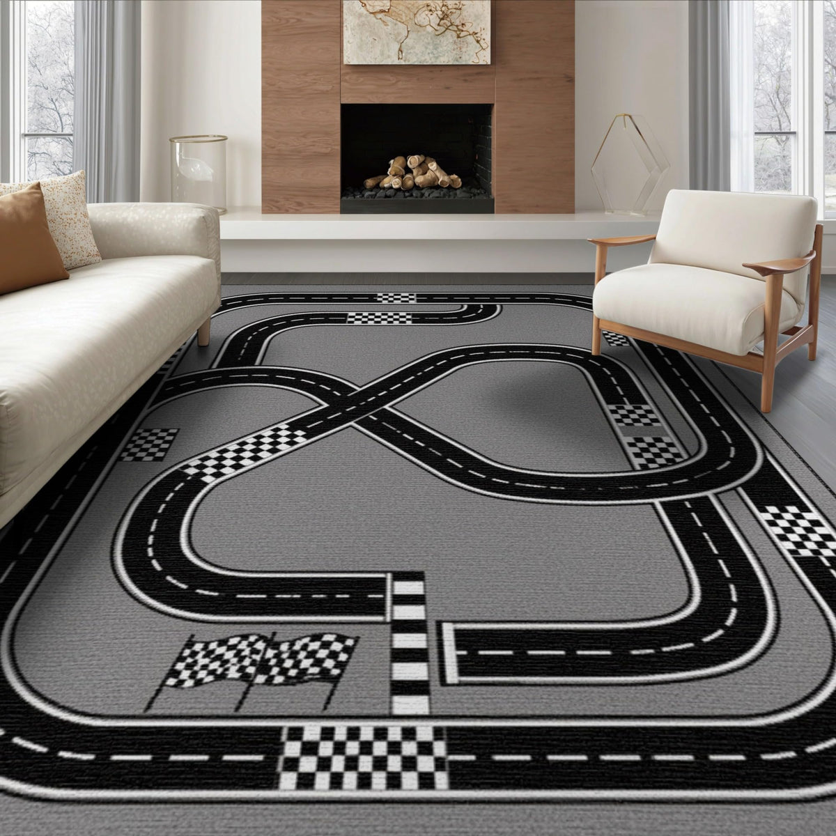 6'x9' Blue Charcoal Race Track Design Washable Area Rug