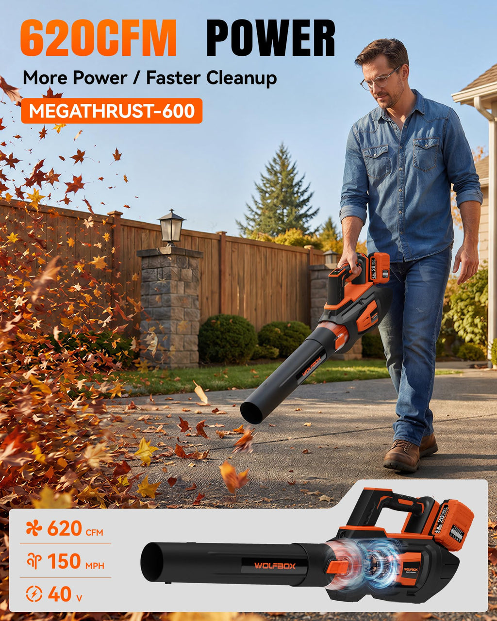 WOLFBOX MT600 Cordless Leaf Blower with 2 Batteries, 40V System