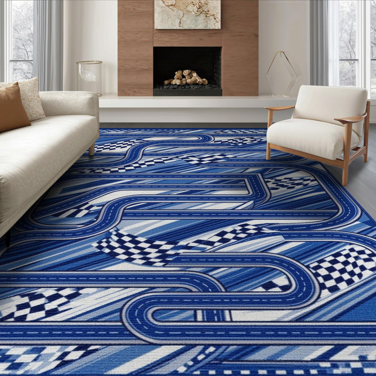 6'x9' Blue Charcoal Race Track Design Washable Area Rug