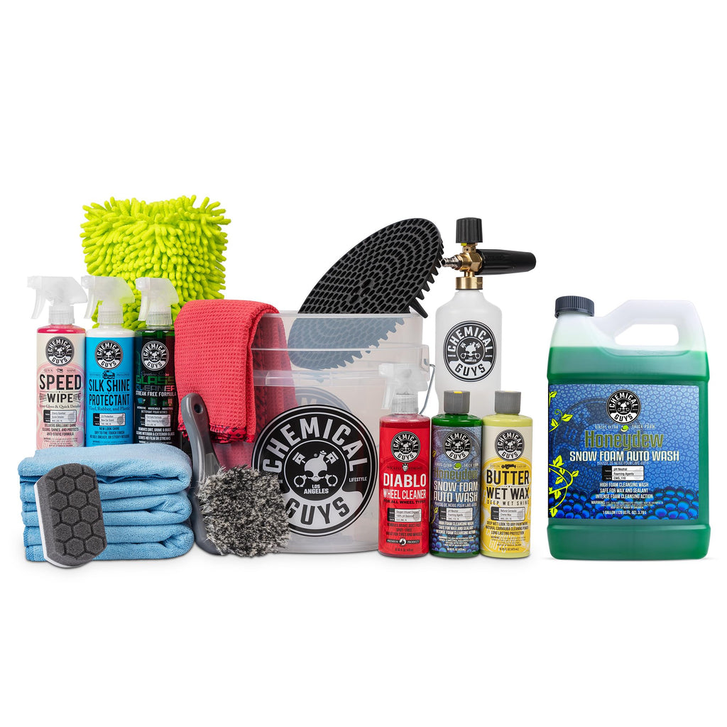 Chemical Guys HOL169 16-Piece Arsenal Builder Carwash Kit, Foam Cannon, Bucket (6) 16 oz Car Care Cleaning Chemicals (Works w/Pressure Washers) with Mr. Pink Foaming Carwash Soap, 64 oz, Candy Scent
