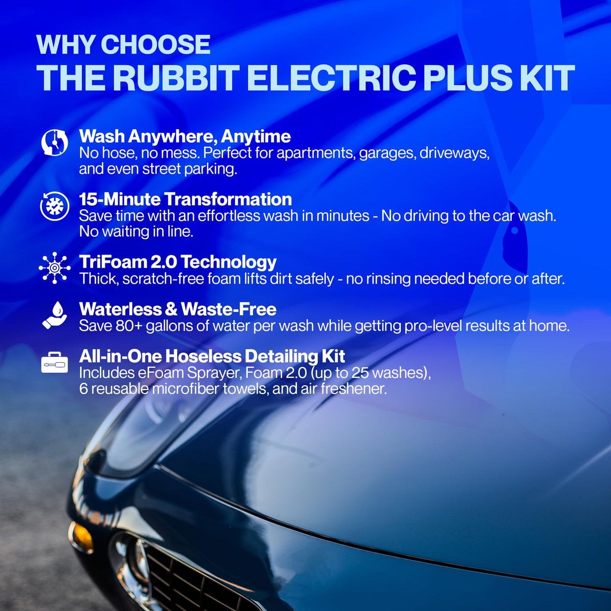 Electric Plus Kit, Waterless Car Wash Kit, Rechargeable Electric Sprayer, Foam 2.0 Solution, 6 Reusable Microfiber Towels, & Air Freshener, Car Cleaning Supplies, 9 Piece Auto Cleaning Kit