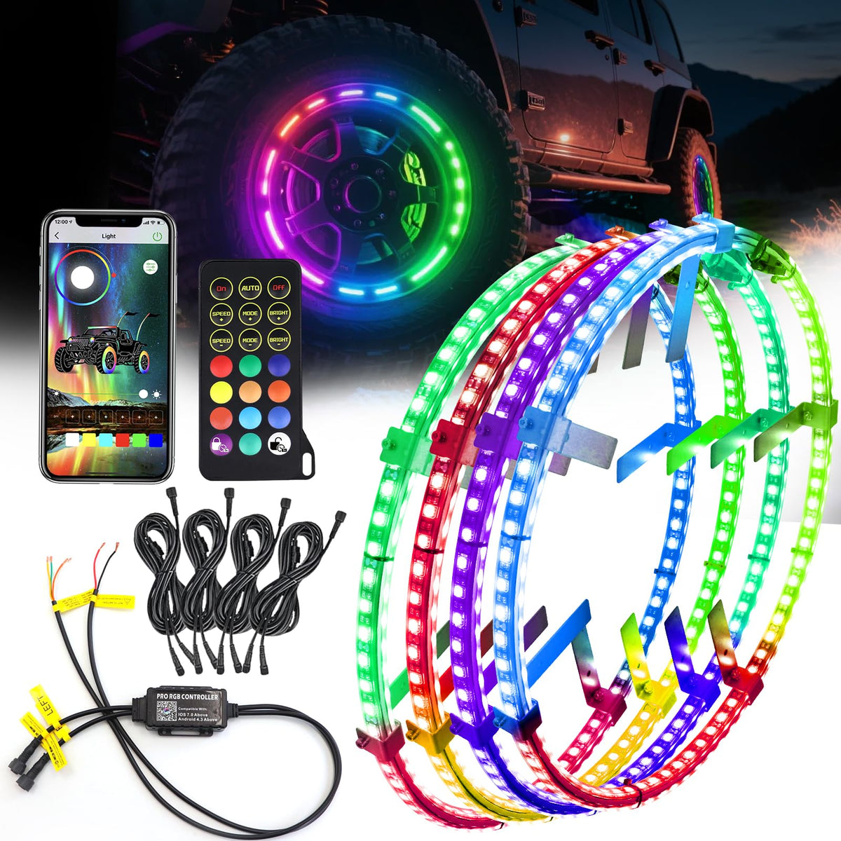 4PCS 17" Chasing Dual Sided LED Wheel Ring Lights for Trucks Car, Dual Ctrl