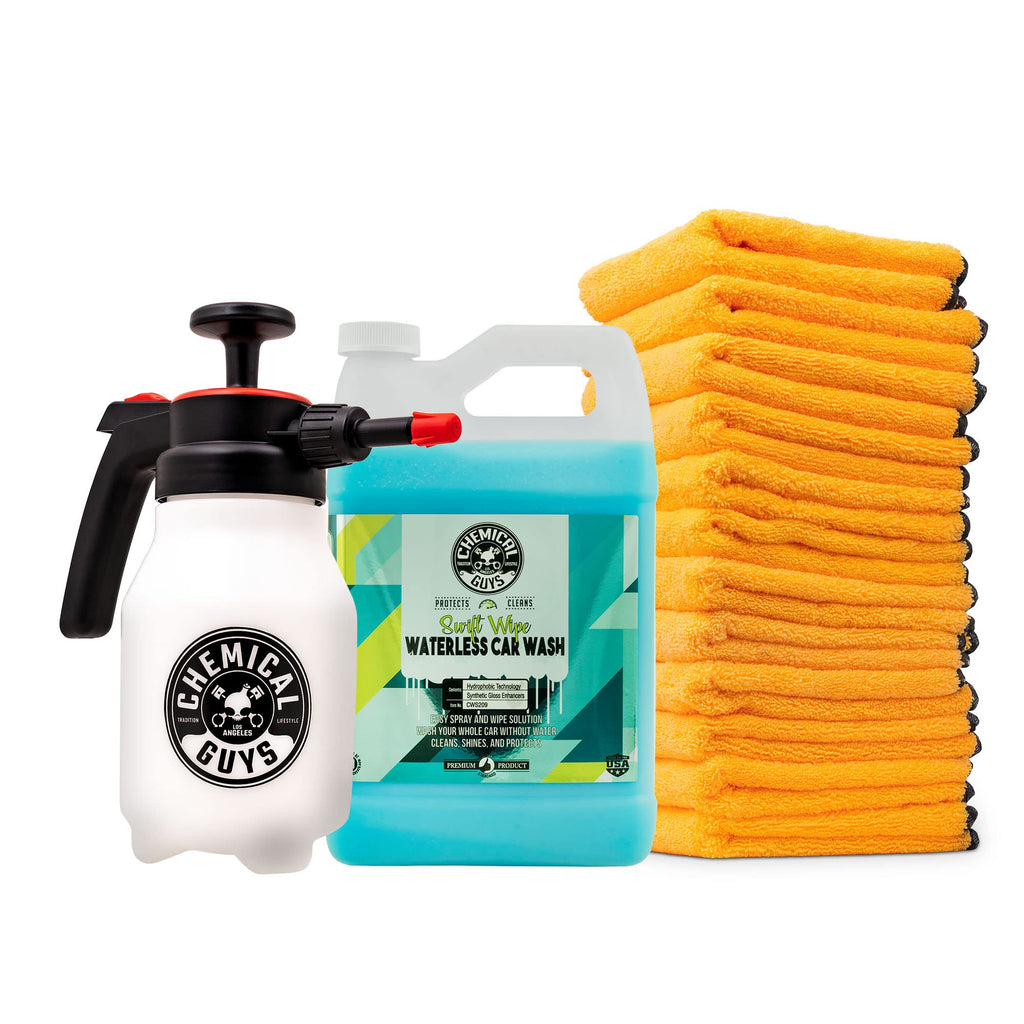 Chemical Guys ACC503 Mr. Sprayer Pressure Atomizer & Pump Sprayer (50 oz Bottle) + WAC_707 EcoSmart Hyper Concentrated Waterless Car Wash Wax, 128 oz + MIC_506_12 Microfiber Towels, Gold (16"x16")