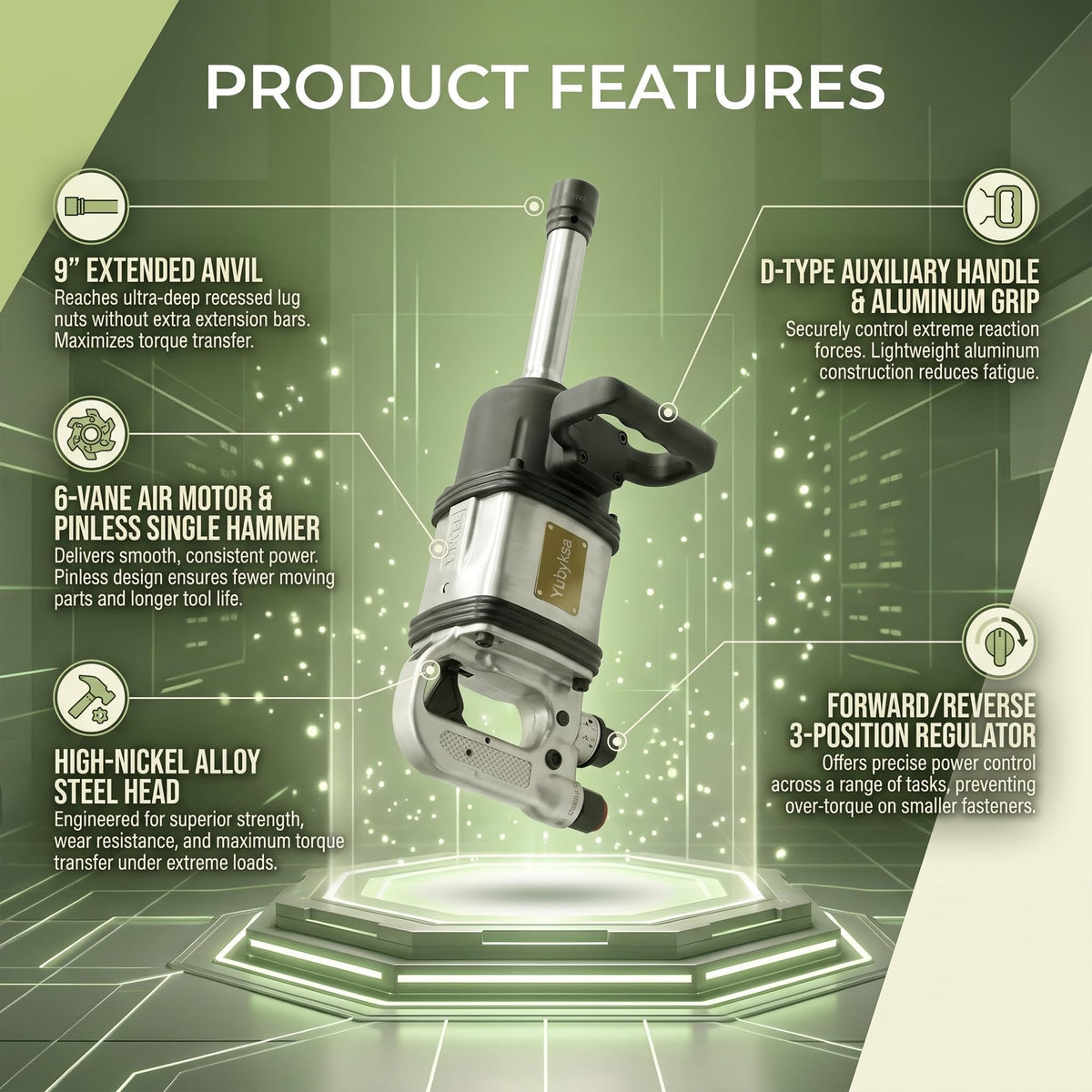 1" Air Impact Wrench, 1770 ft-lbs Heavy Duty Pneumatic Impact Gun with 9" Extended Anvil, Pinless Single Hammer, D-Handle, Includes 38mm & 41mm Sockets, for Semi-Truck & Heavy Equipment