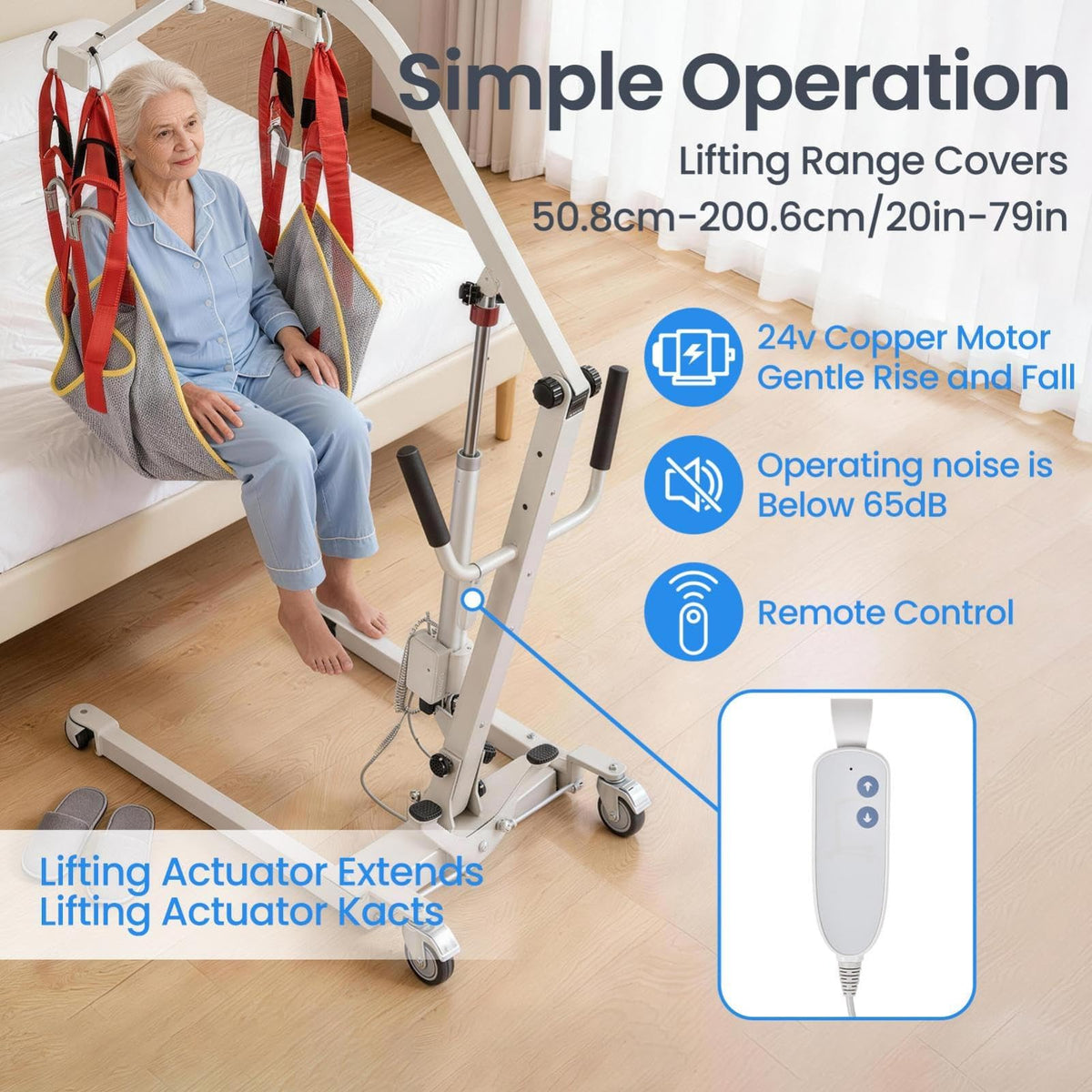 Electric Patient Lift 510 lbs Capacity, Quiet 6000N Motor Transfer Device with Sling, Adjustable Range 20"–79", Portable Lift Assist for Home Care, Car & Travel