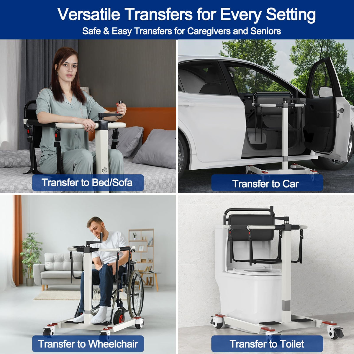 Patient Lift Transfer Chair for Elderly & Disabled, Portable Assist Lift Aid for Home Care, Bed/Chair/Toilet/Car/Wheelchair Transfers, Height/Base Adjustable, 275 lbs, Steel Frame