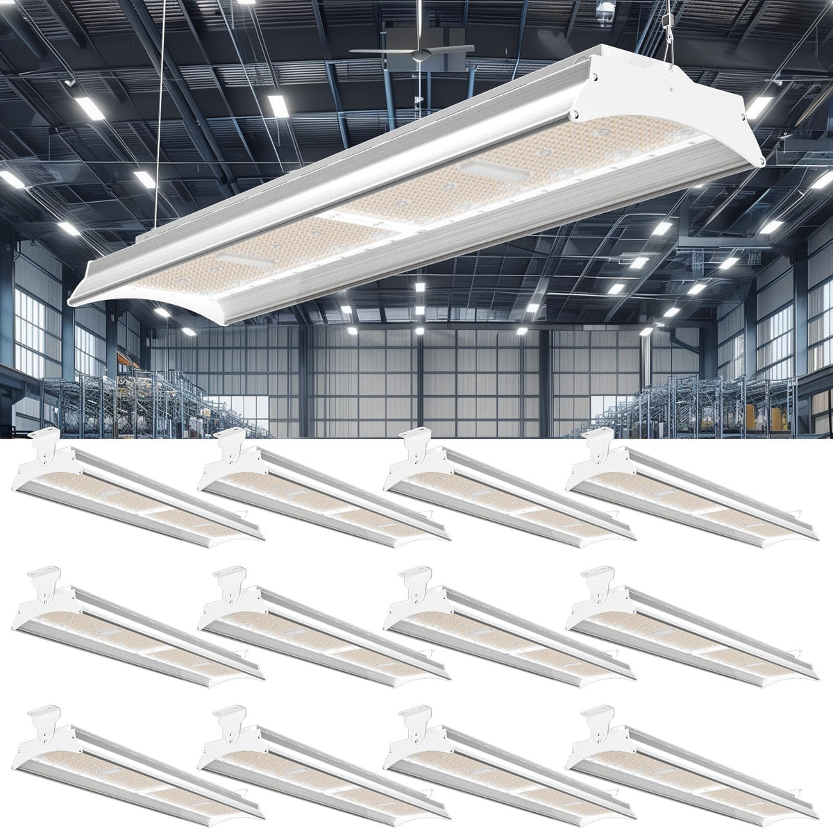 12Pack 500W LED Linear High Bay Light, 75,000LM, Replaces 2000W MH, 5000K Daylight, 100-277V AC Driver Built-in, Hanging/Surface Mount, UL Listed for Commercial & Industrial Use