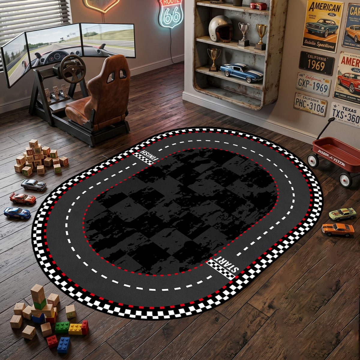 7x10ft Dual Lane Race Track Children Rug for Bedroom Black and White Checkered Start Line Car Rug Play Mat Non-Slip Easy Care Low-Pile Carpet for Racing Car Party Decor