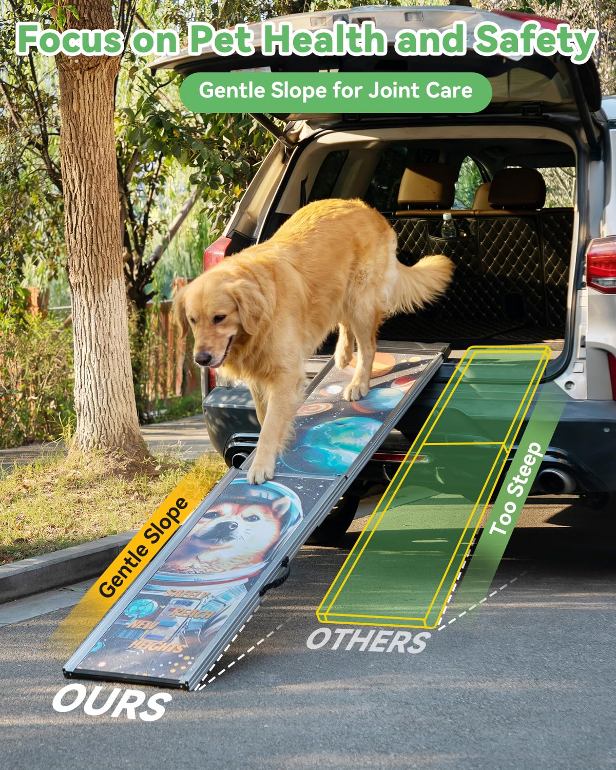 COZIWOW Extra-Long Foldable Aluminum Dog Ramp for Car SUV, 330LBS Heavy Duty Pet Ramp with Handles, Gentle Slope for Joint Care, Portable for Small Medium Large Senior Dogs