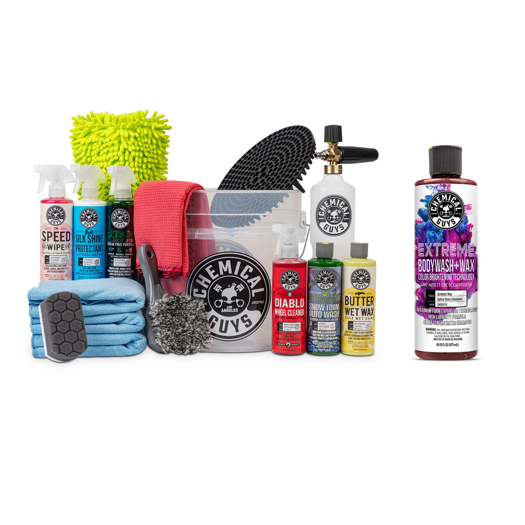 Chemical Guys CWS20716FC 16-Piece Arsenal Builder Carwash Kit, Foam Cannon, Bucket (6) 16 oz Car Care Cleaners (Works w/Pressure Washers) with Extreme Bodywash & Wax Foaming Car Wash Soap, 16 oz