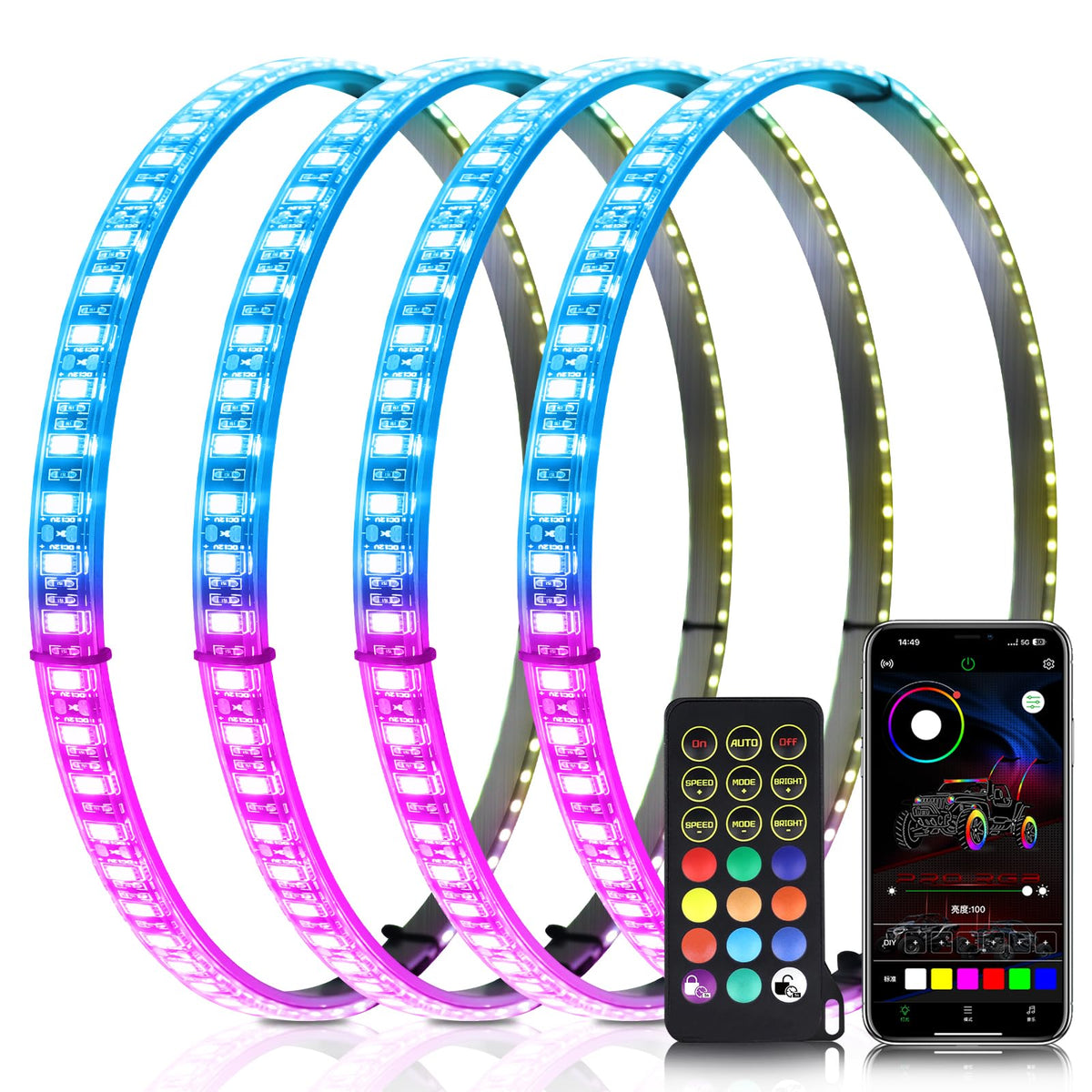 4PCS 17" Chasing Dual Sided LED Wheel Ring Lights for Trucks Car, Dual Ctrl