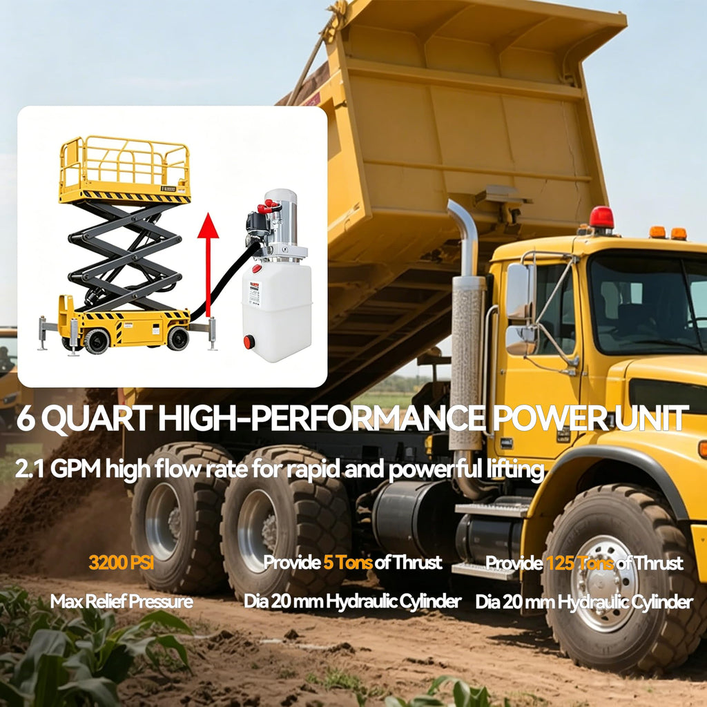 Single Acting Hydraulic Pump 6 Quart Hydraulic Power Unit 12V DC Hydraulic Pump (Plastic Oil Reservoir Single Acting 3200 PSI) SAE#6 Connector for Dump Trailer Car Lifting