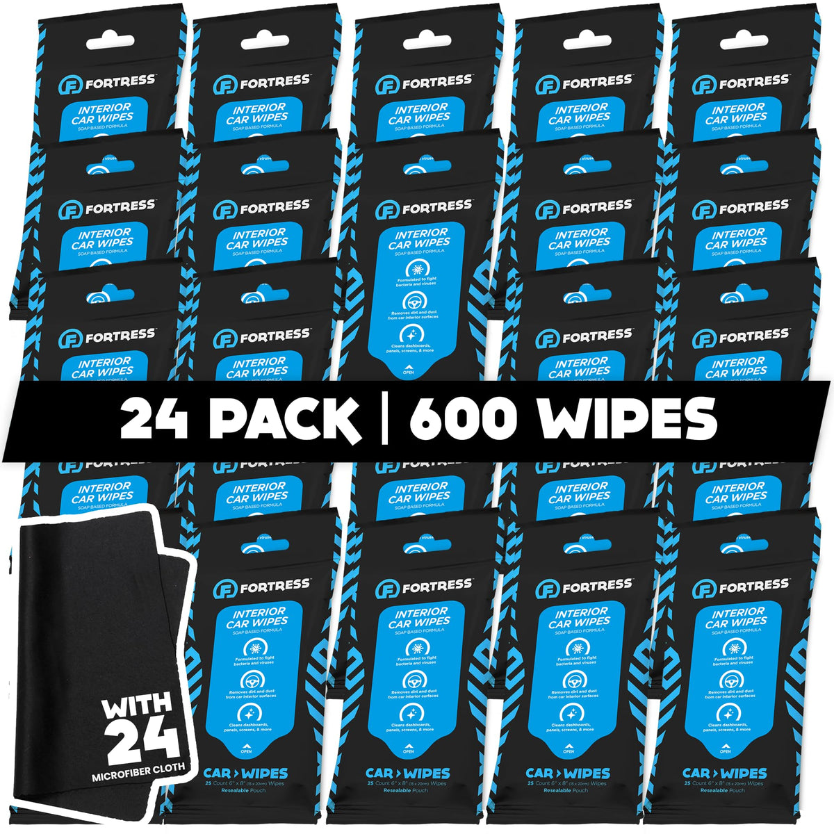 Fortress Car Interior Cleaner Wipes, Microfiber Cloth (25 ct, Pack of 63)