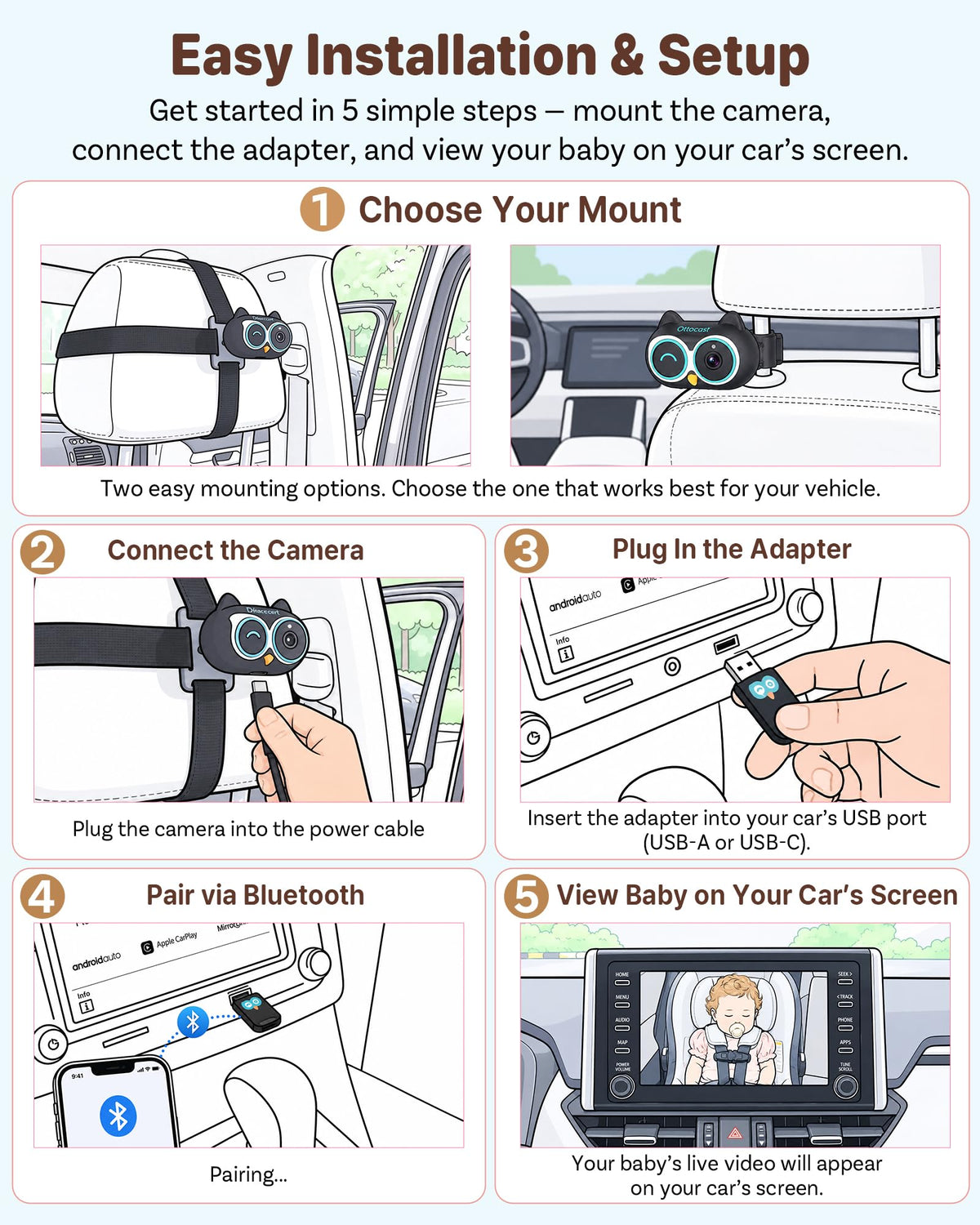 OTTOCAST Cabin Care Baby Camera for Car, Wireless CarPlay Adapter in One