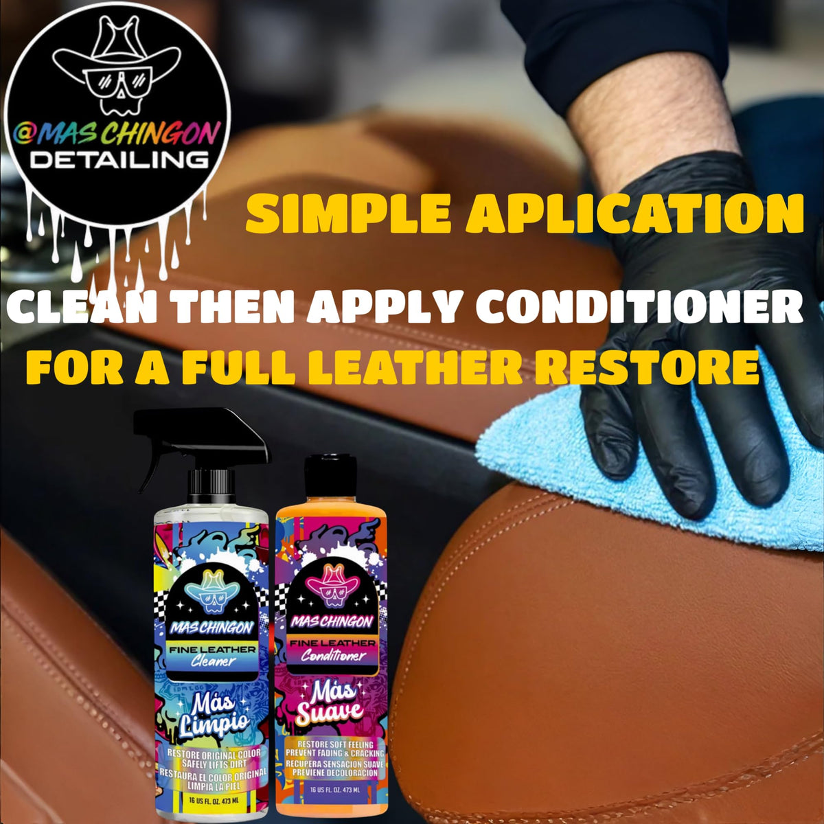Mas Chingon Fine Leather Cleaner Restore Original Color Safely Lifts & Grime Deep Cleans Leather, Faux & Vinyl - Couches, Car Seats, Purses, Tack, Shoes & Bags. Safe Any Colors and More (5 Gallons)
